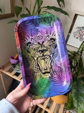 Psychedelic Lion Artwork Metal Tray - Rainbow Design
